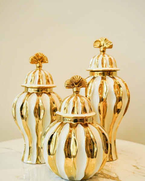 Gold and white candy jar set