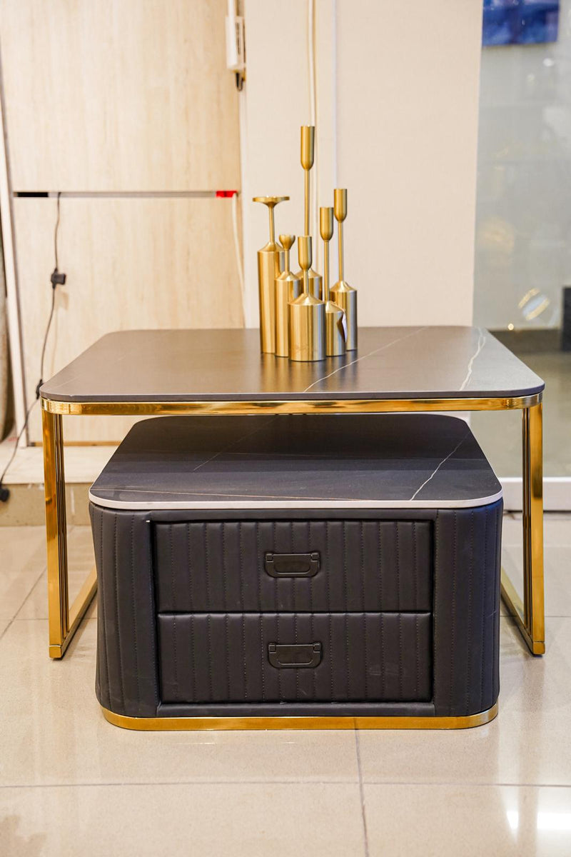 Layered black marble and leather centre table 2 piece