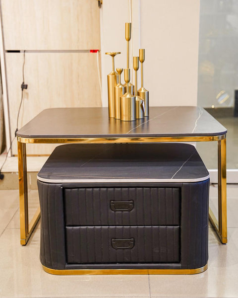 Layered black marble and leather centre table 2 piece