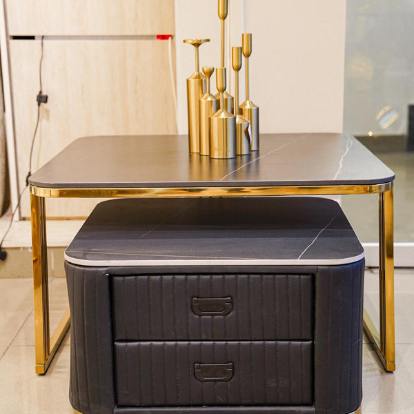 Layered black marble and leather centre table 2 piece