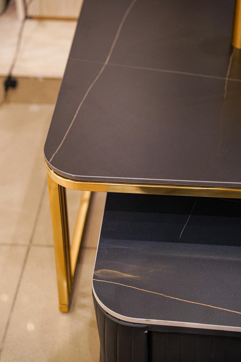 Layered black marble and leather centre table 2 piece