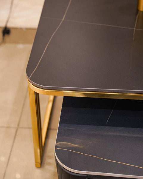 Layered black marble and leather centre table 2 piece