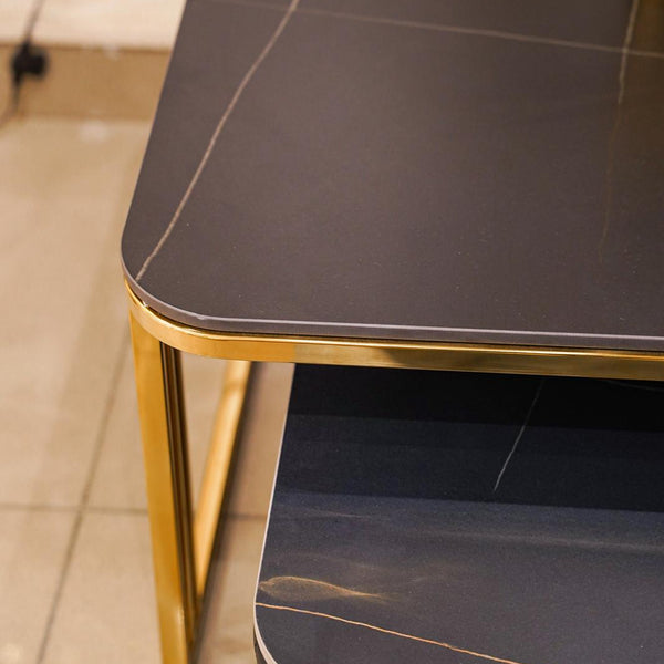 Layered black marble and leather centre table 2 piece