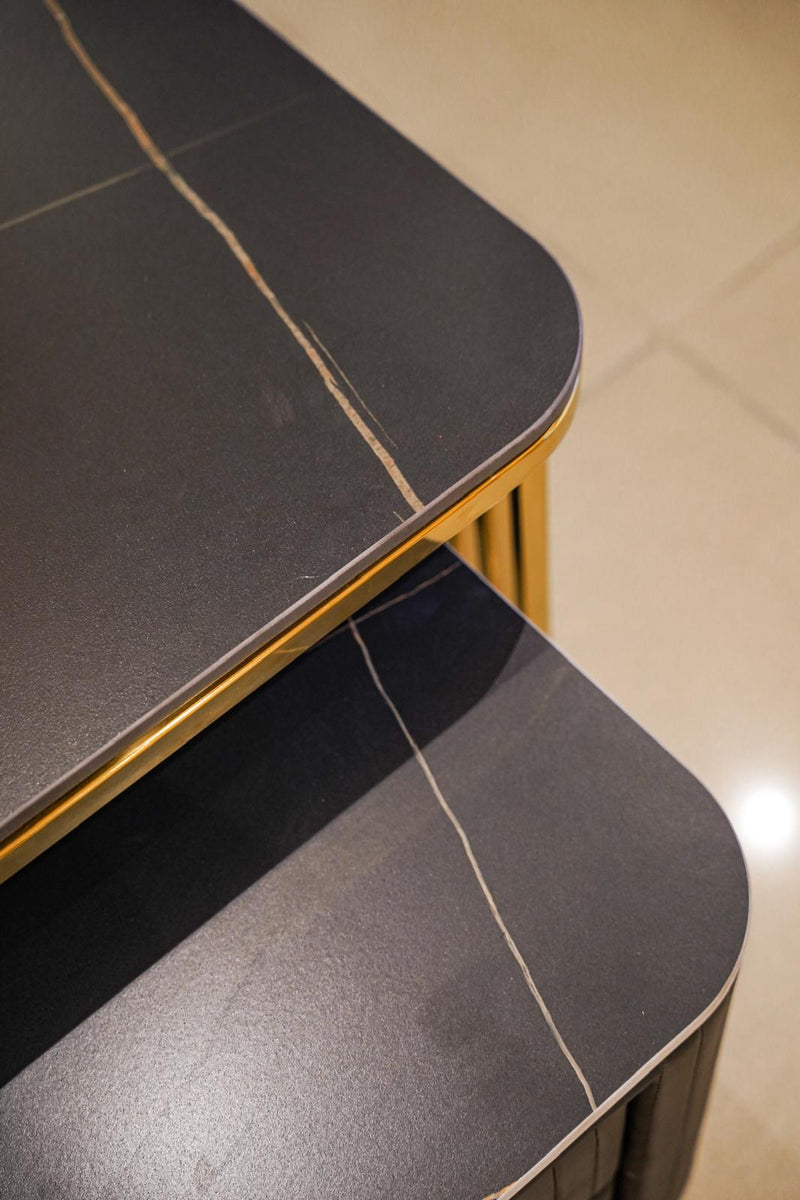 Layered black marble and leather centre table 2 piece