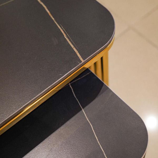 Layered black marble and leather centre table 2 piece