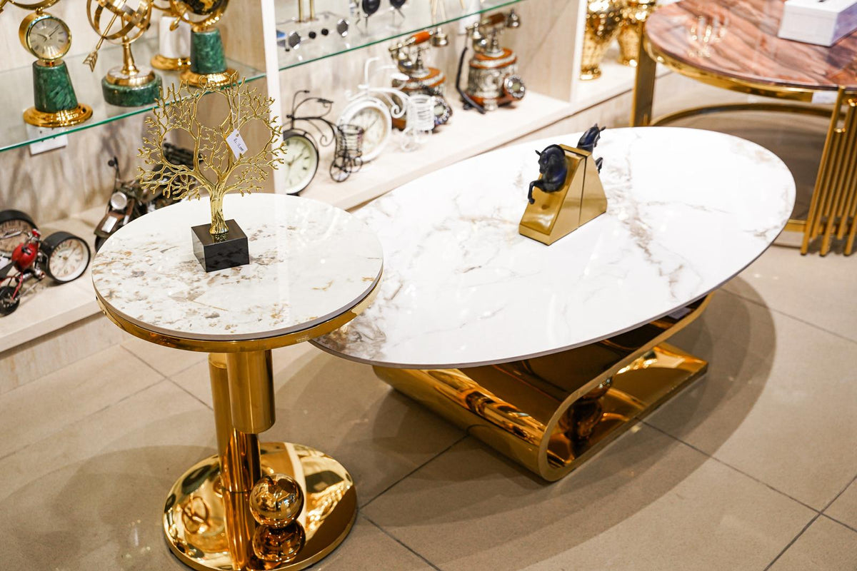 White marble oval centre table set