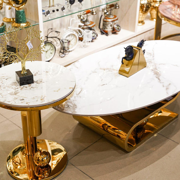 White marble oval centre table set